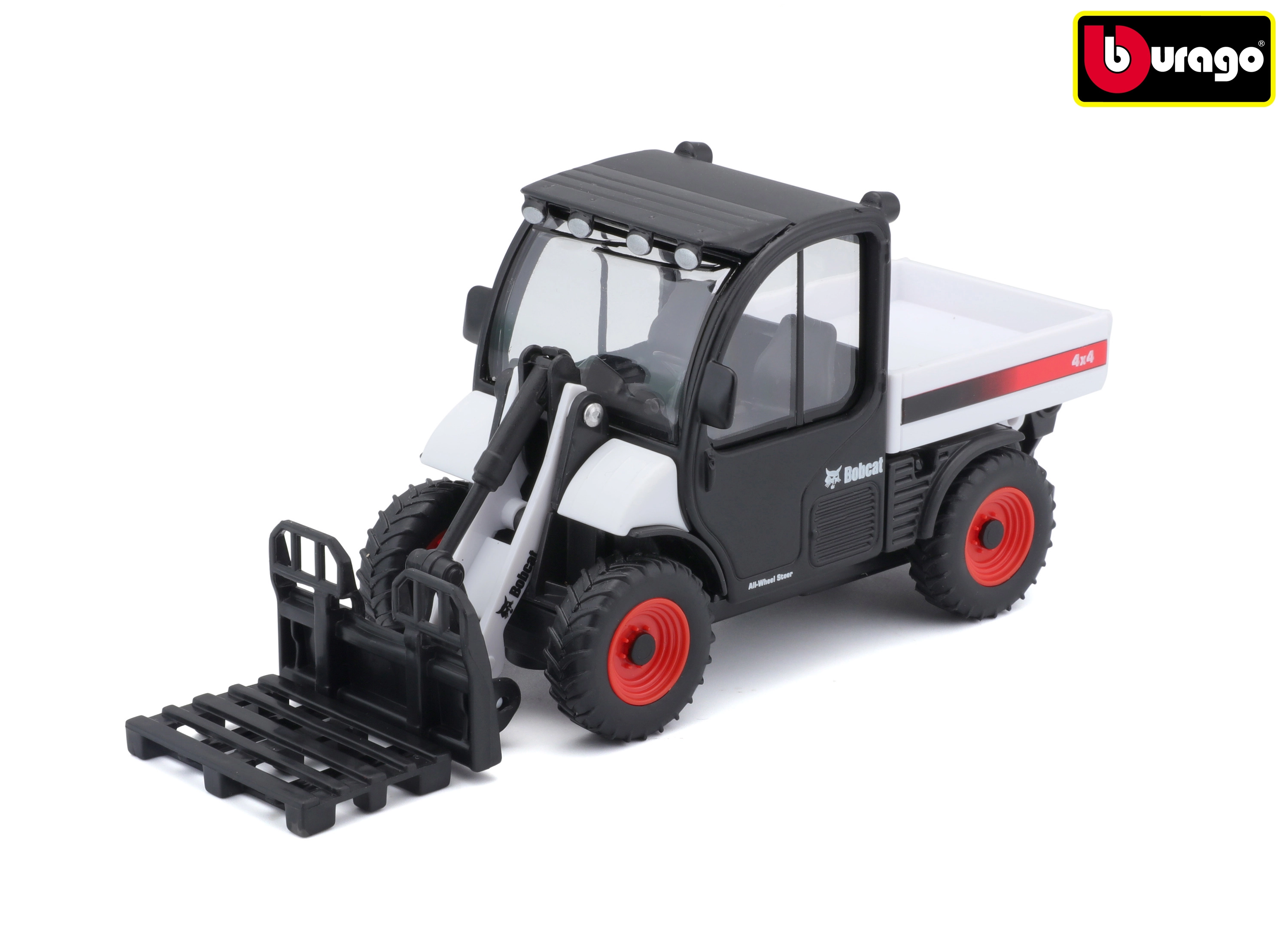 Levně Bburago Bobcat Toolcat 5600 s vidlicovým nástavcem – bílá/černá kovový model