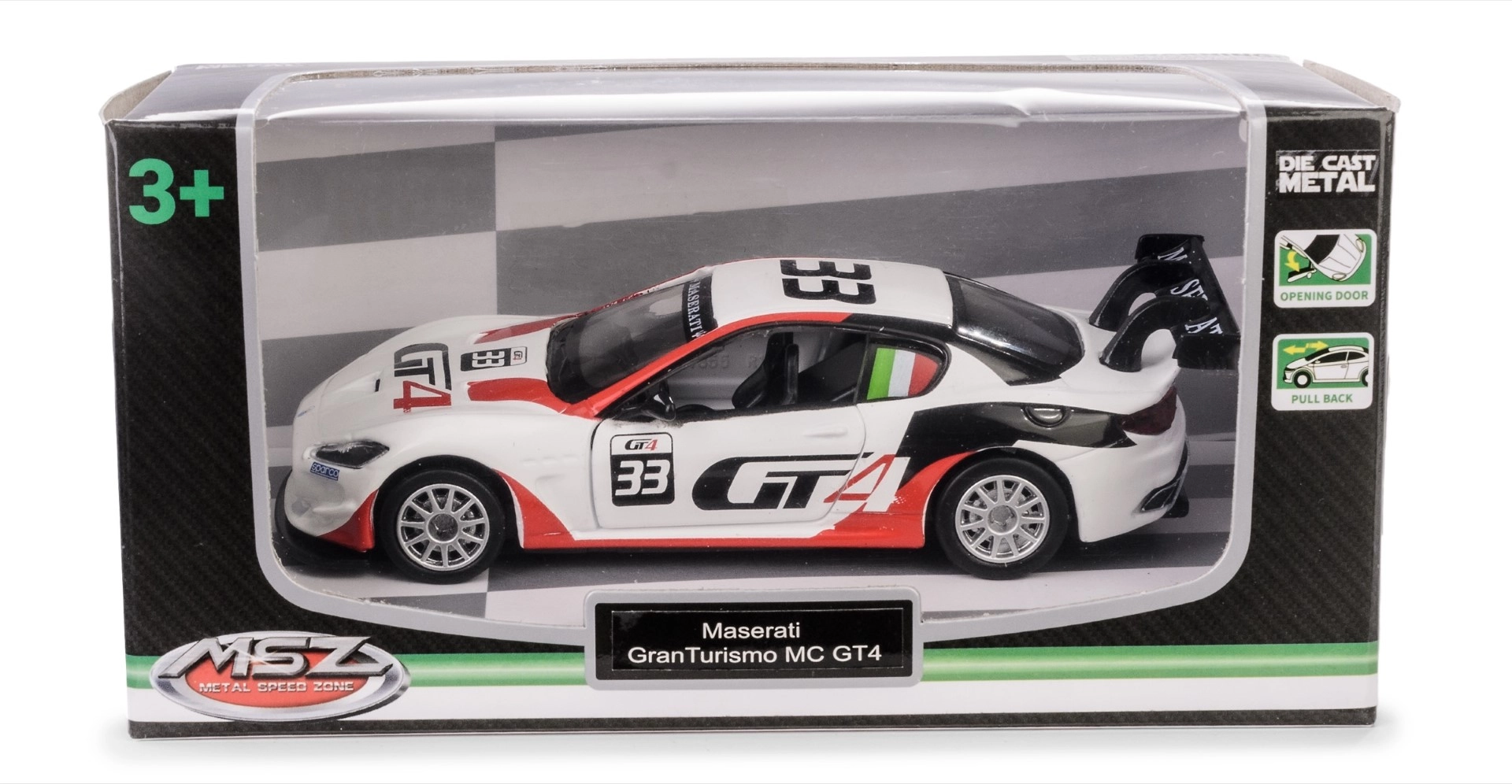 Model auta Maserati GranTurismo MC GT4 1:43 s pull-back pohonem
