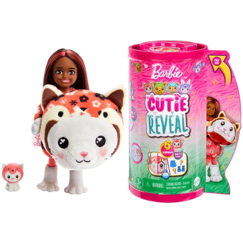 Levně Barbie Cutie Reveal Chelsea v kostýmu kotě v červeném kostýmu pandy HRK27