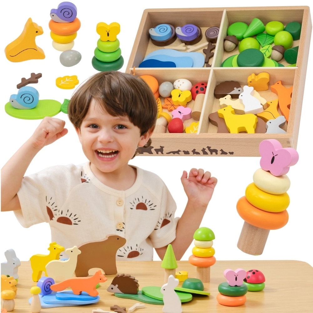 Viga dřevěné barevné kostky lesní příběhy, 58 dílů