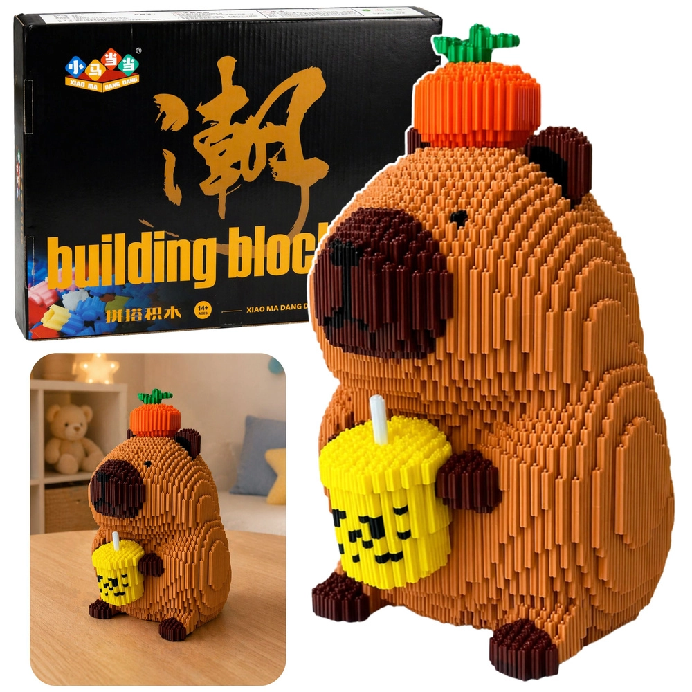 Konstrukční mikrokostky kapybara se shake (jablko) – 3D figurka 25 cm, 3900 dílků