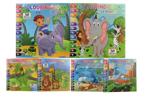 Omalovánky se samolepkami – malování podle čísel, 5 listů a 2 archy samolepek