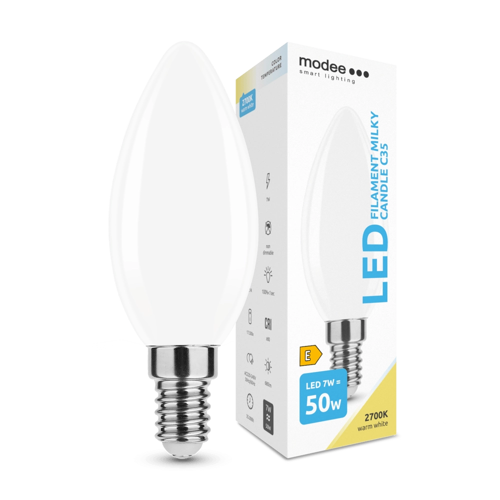 Modee Smart Lighting LED Filament Milky Candle C35 žárovka E14 7W teplá bílá