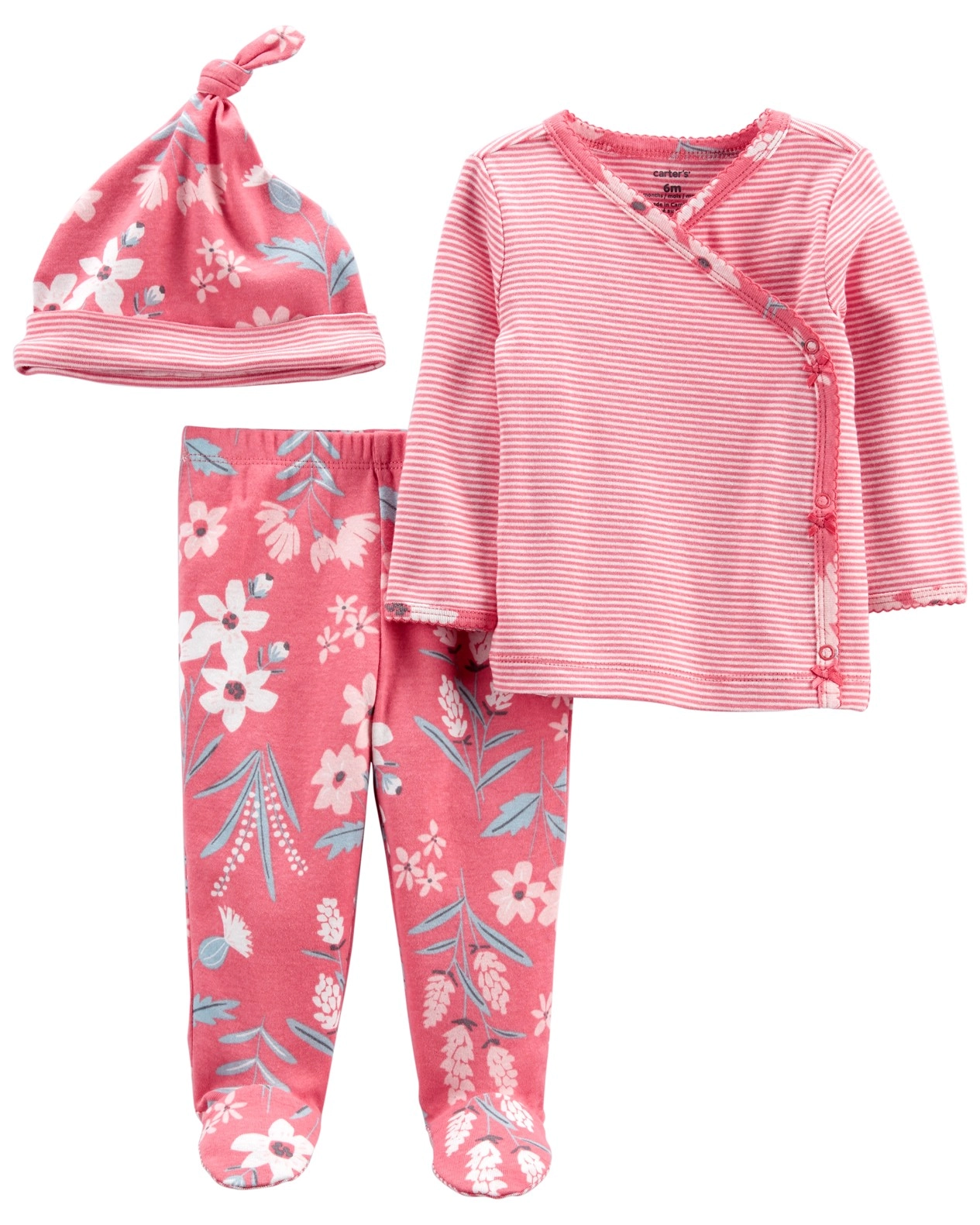 Levně Carter's Set 3dílný polodupačktričko dl. rukáv zavinovací čepice Pink Flower dívka LBB