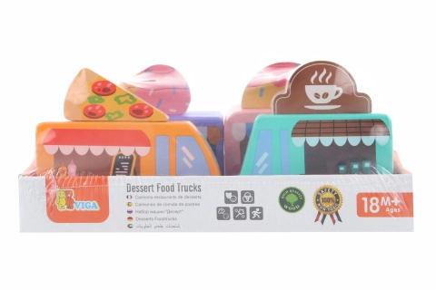 Dřevěná sada food trucků Viga – 4 vozidla pro malé cukráře