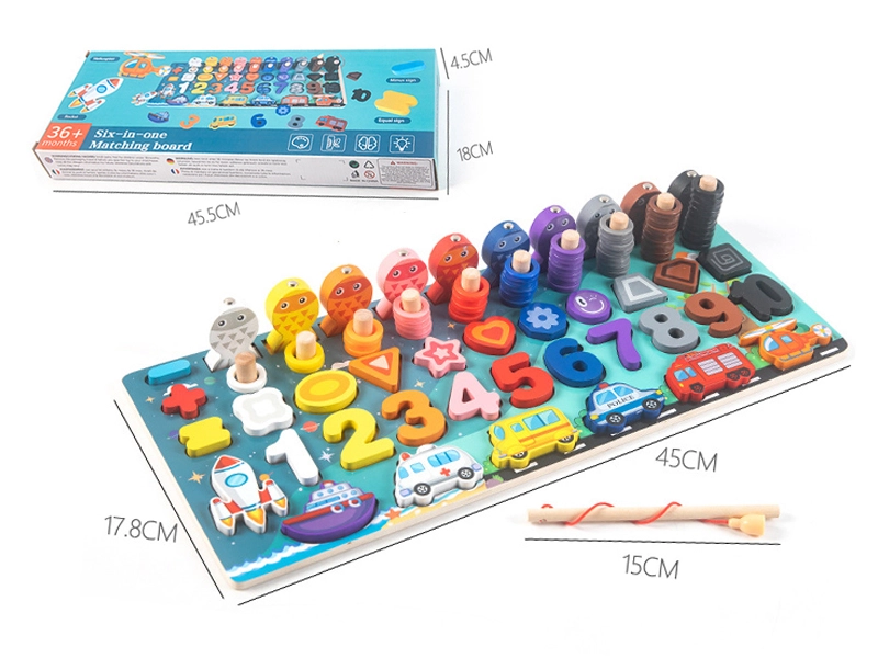 Dřevěná Montessori skládačka 6v1 – učení počítání a magnetické rybičky