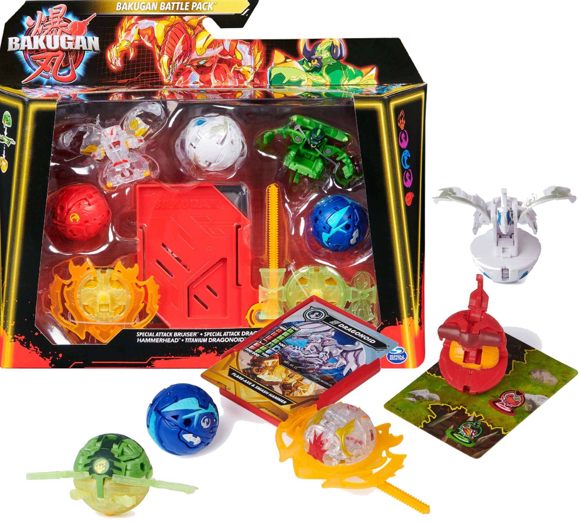 Bakugan battle pack se spinnerem a figurkami Bruiser, Dragonoid, Hammerhead a Nillious