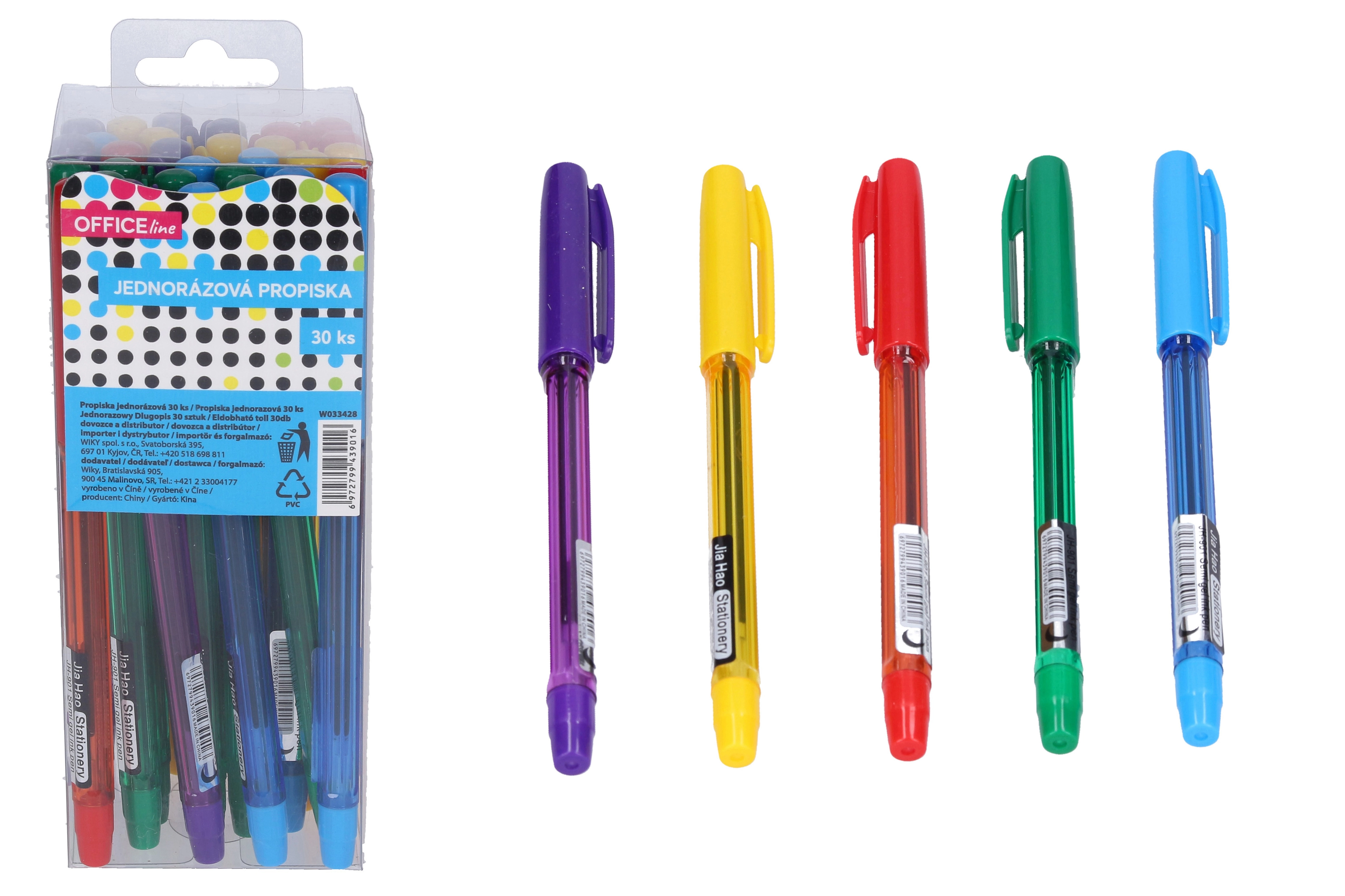 Jednorázová propiska s modrou náplní, 30 ks v boxu