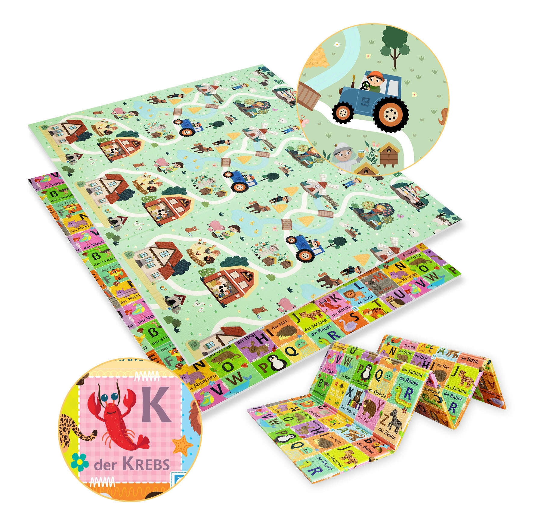 Oboustranná skládací pěnová podložka HUMBI 180 × 200 cm – německá abeceda a venkov