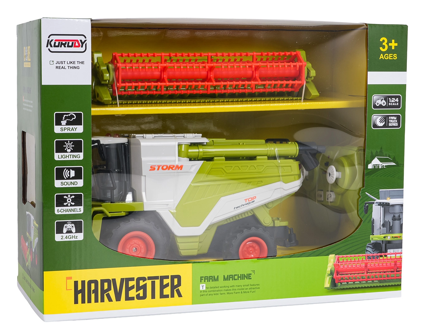 Dětský RC kombajn 1:24 zelený s kouřovým efektem