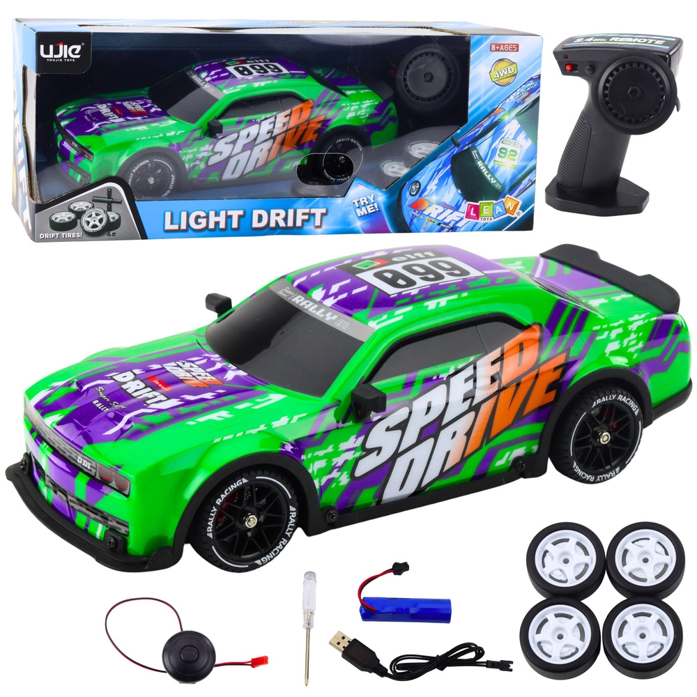 RC sportovní auto s osvětlenou karoserií a driftem – zelené