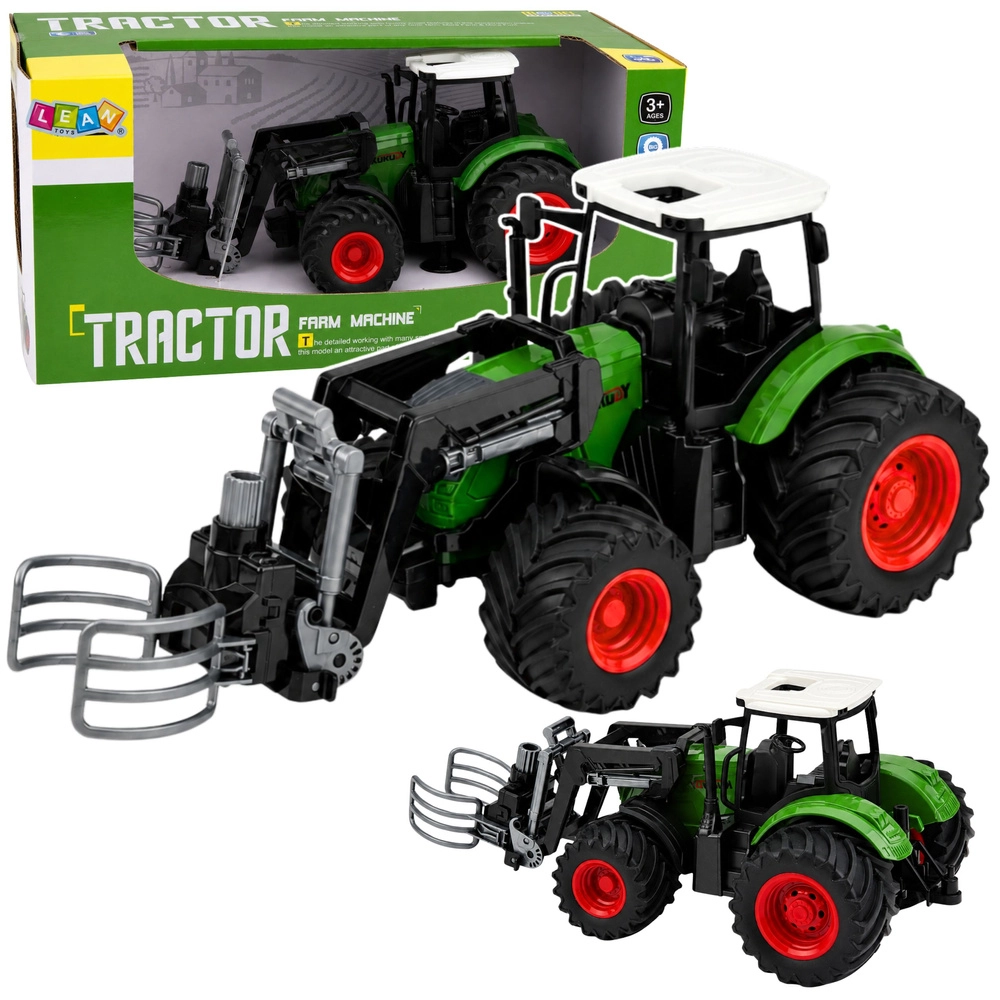 Farmářský traktor s čelním nakladačem a kleštěmi na balíky 1:24, zelený