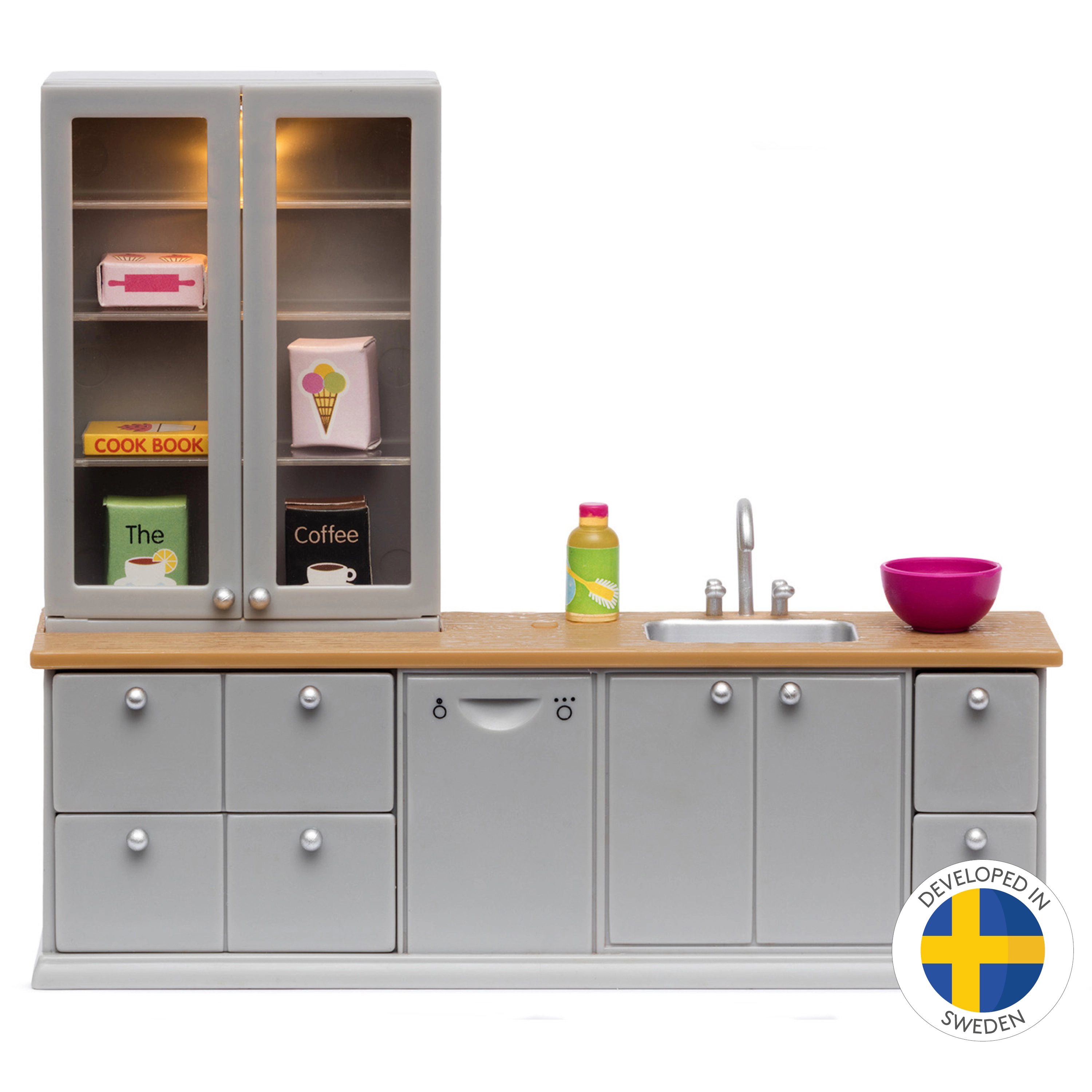 Levně Kuchyňský nábytek do domečku pro panenky s kredencí a LED osvětlením Lundby