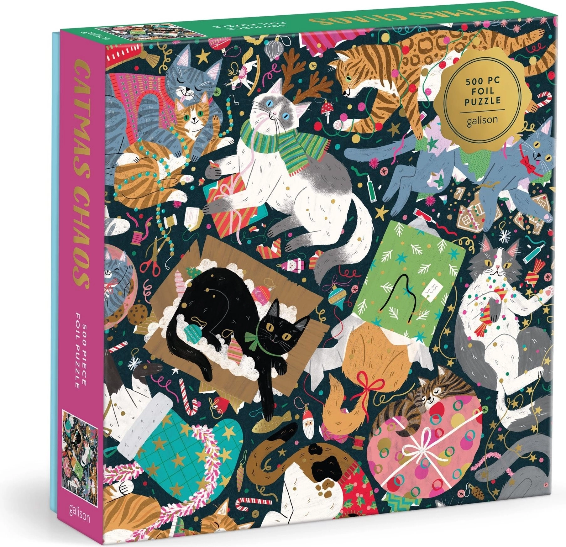Metalické čtvercové puzzle Kočičí vánoční chaos 500 dílků