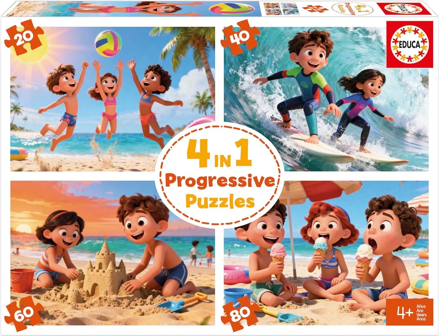 Dětské puzzle EDUCA Pláž 4 v 1 – progresivní skládání (20–80 dílků)