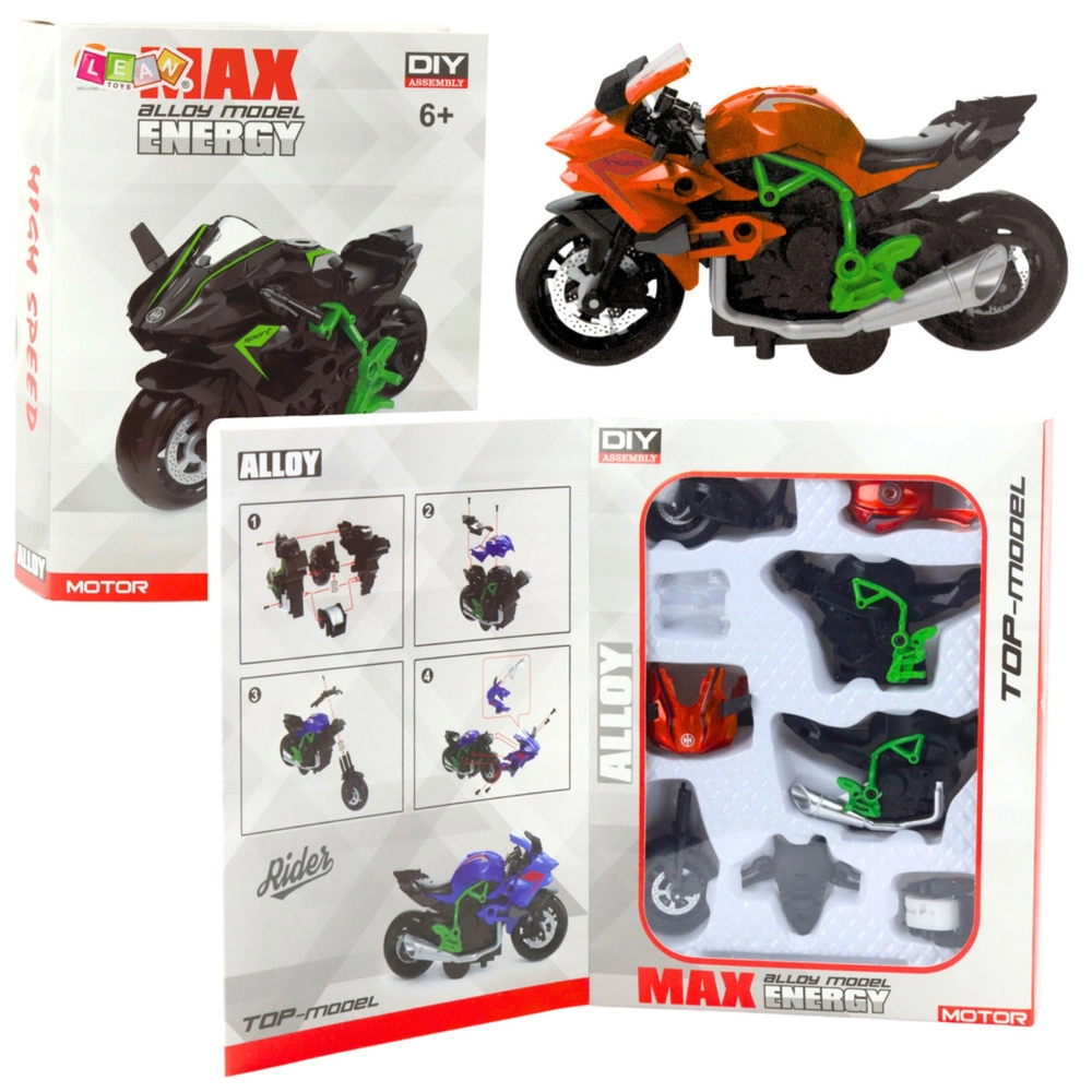 Kovový motocykl na sestavení 1:14 zeleno‑oranžový DIY