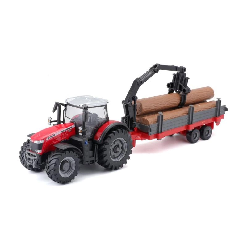 Levně Bburago Farmland traktor MASSEY FERGUSON 8740S s nakladačem a přívěsem na dřevo 10 cm