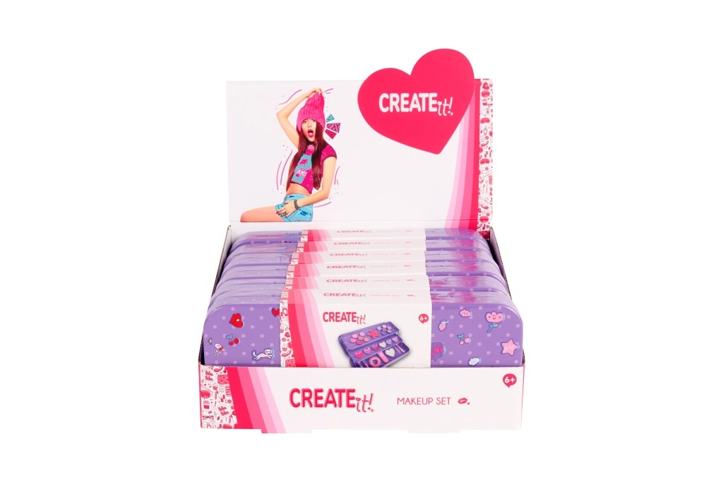 růžová rozkládací kazeta na líčení v kovové krabičce CREATE IT!