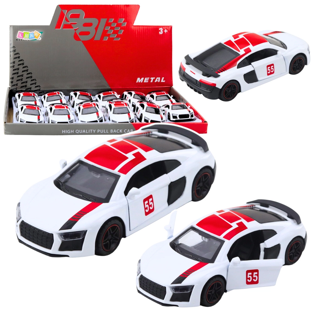 Kovový sportovní vůz 1:43 s pull-back pohonem a otevíracími dveřmi – bílý