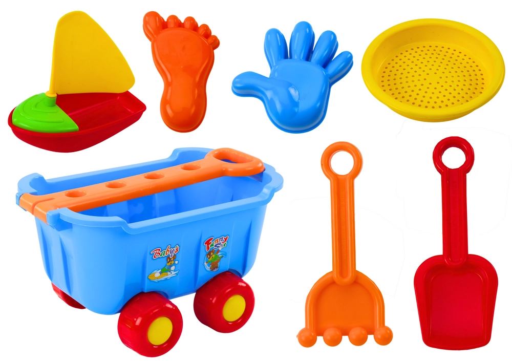 Lean Toys Sand Toys Modrý vozík s hráběmi a lopatkami Loď 8 El