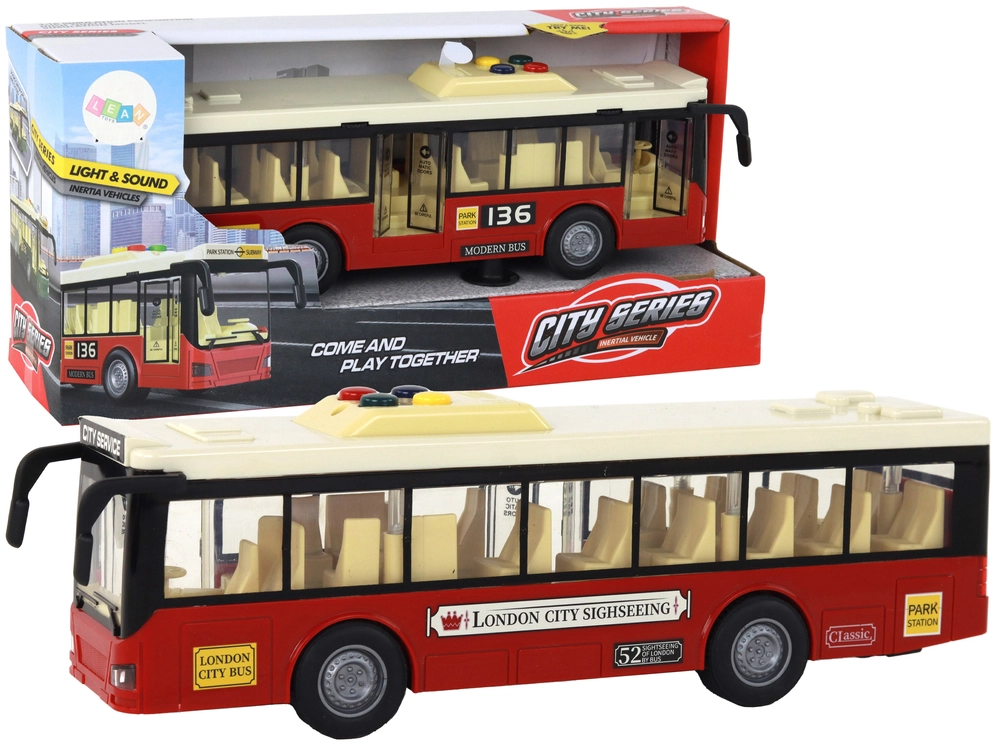 Červený městský autobus na baterie se světly a zvuky 1:16