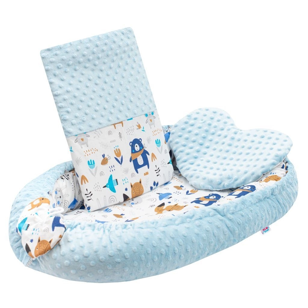Levně Luxusní hnízdečko s polštářkem a peřinkou z Minky, modré – New Baby