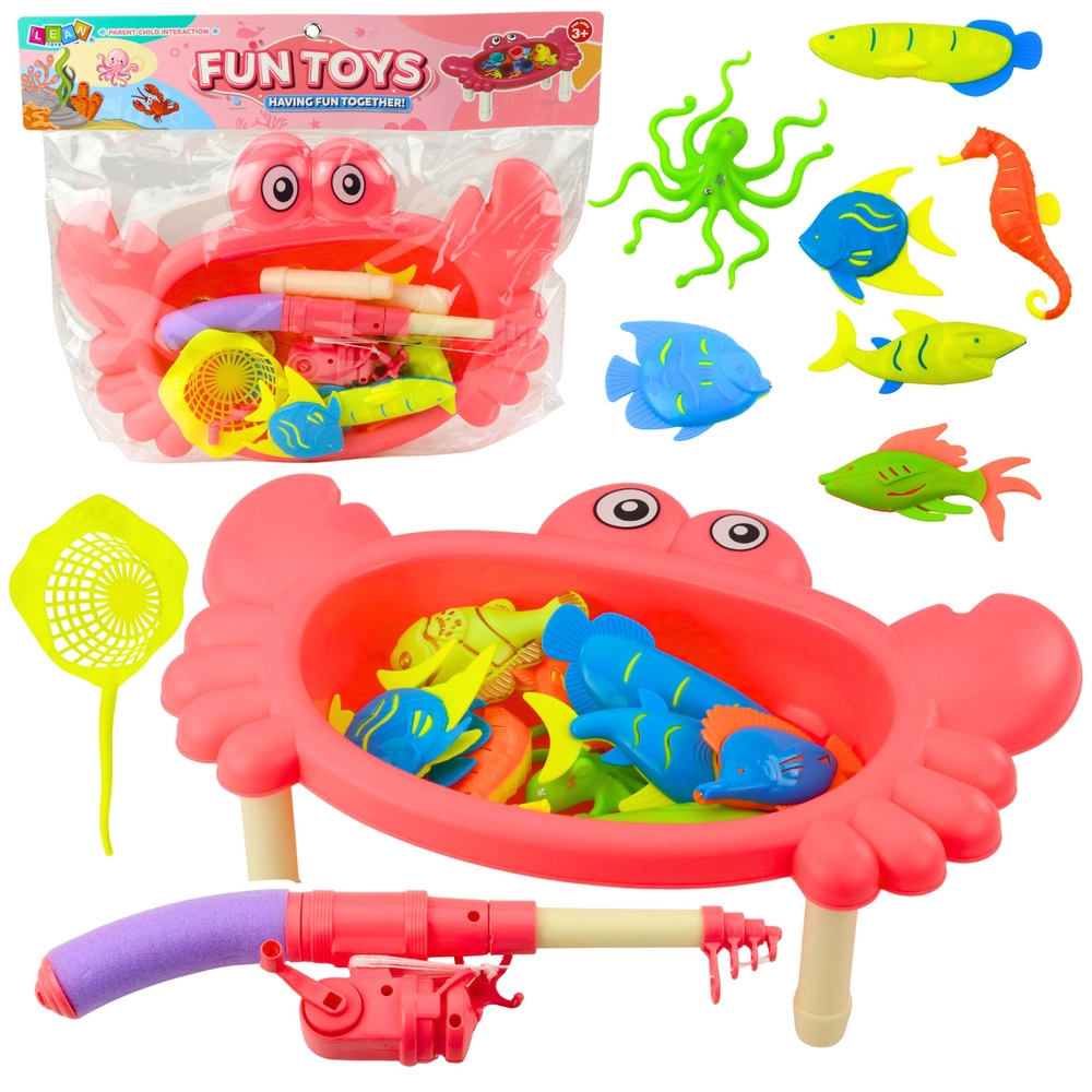 rybářský stolní set krab – růžový, 10 rybek, prut a sítko