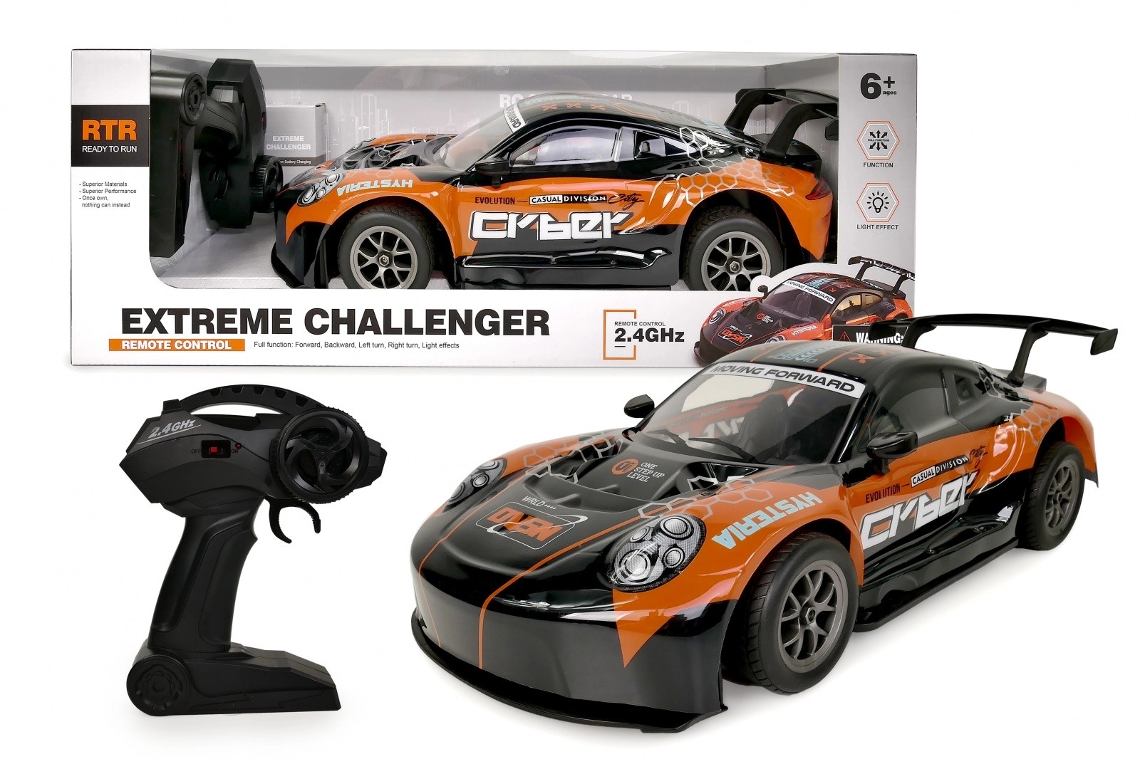Levně Oranžové rc auto 1:8 s osvětlenou karoserií 2,4 ghz