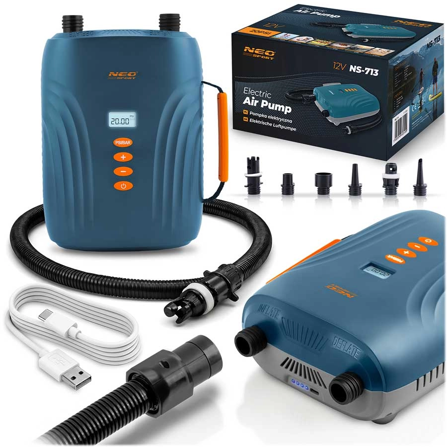 Neo-Sport bezdrátová elektrická pumpa na SUP a nafukovací vybavení s akumulátorem 20 PSI a 6 nástavci
