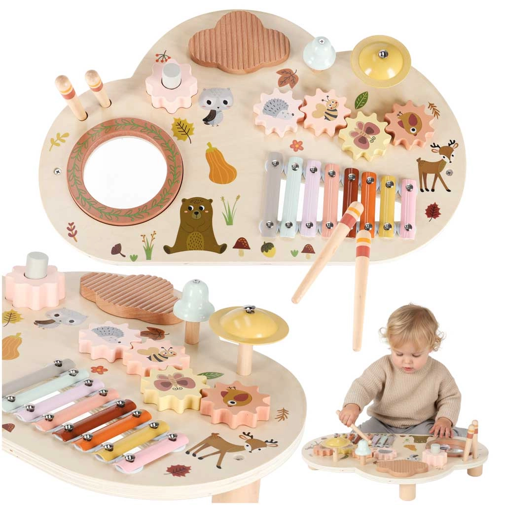 Dřevěný hudební aktivní stolek pro děti s xylofonem a zvonkem