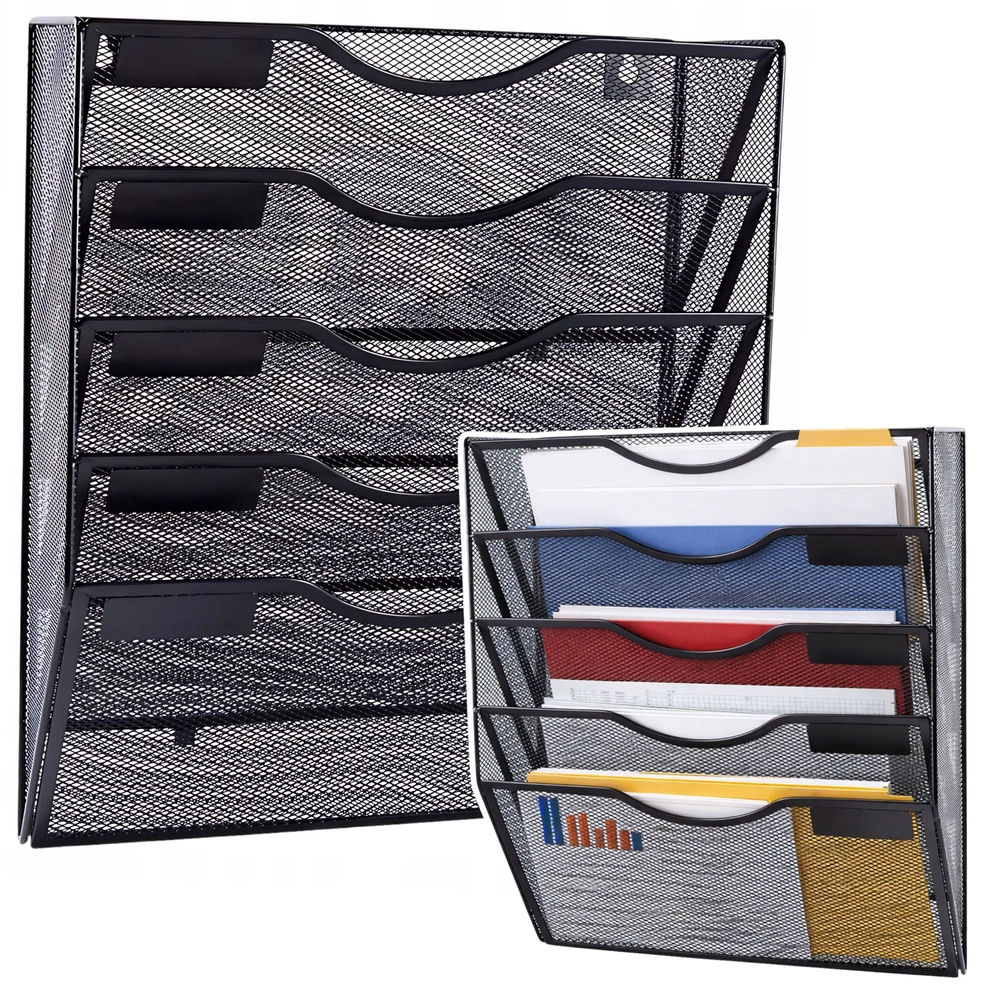 Kovový nástěnný organizér na dokumenty A4, 5 přihrádek, černý