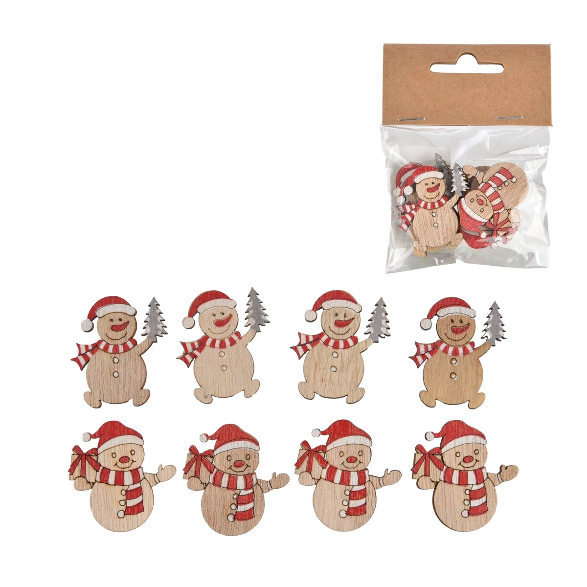 Dřevění sněhuláci béžoví – sada 8 ks, 3,5 cm