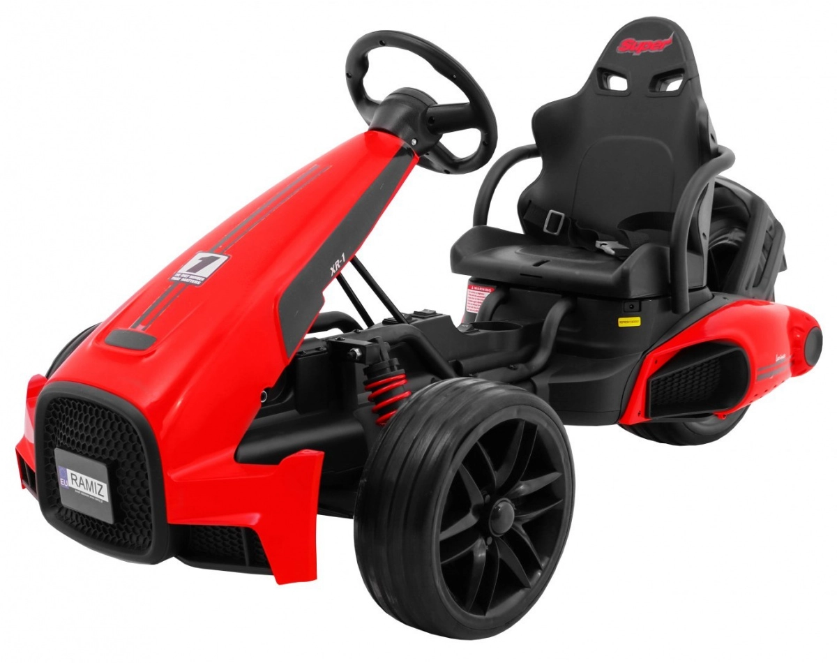 Levně Elektrický dětský gokart XR-1 červený s nastavitelným volantem a sportovní sedačkou
