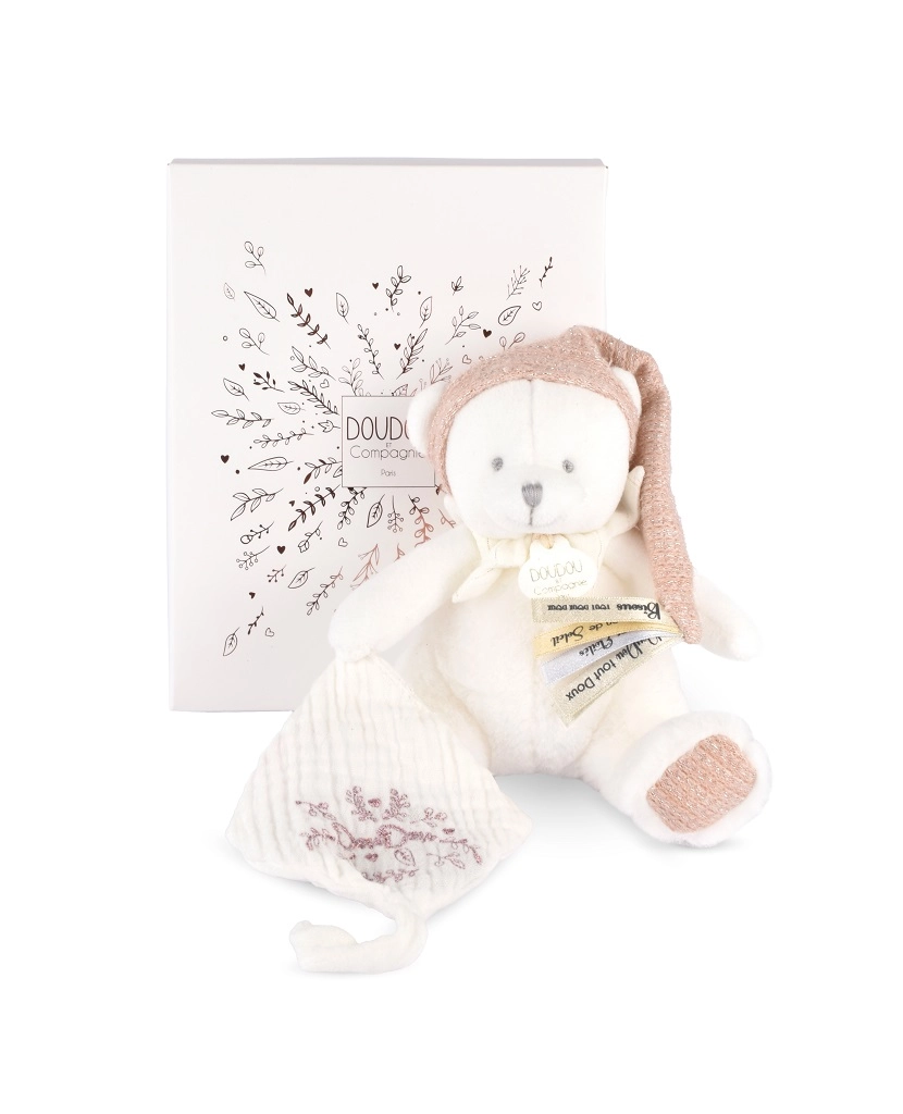 Doudou Dárková sada Plyšový medvídek s úchytem na dudlík a dečkou růžový 20 cm