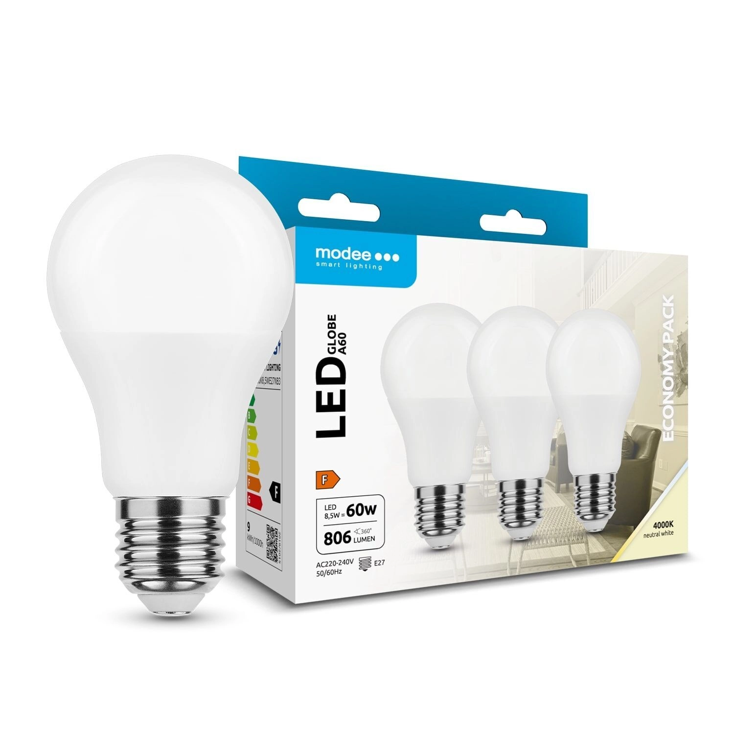 Modee LED žárovka Globe A60 8,5 W E27, 806 lm, neutrální bílá, balení 3 ks