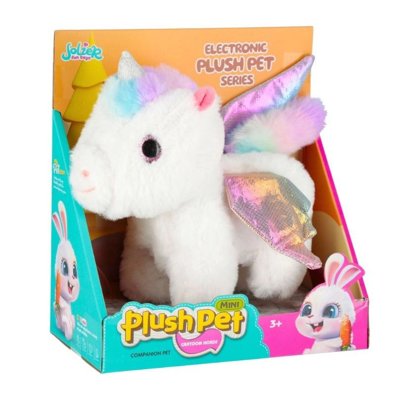 elektronický plyšový jednorožec s křídly a světelnými efekty