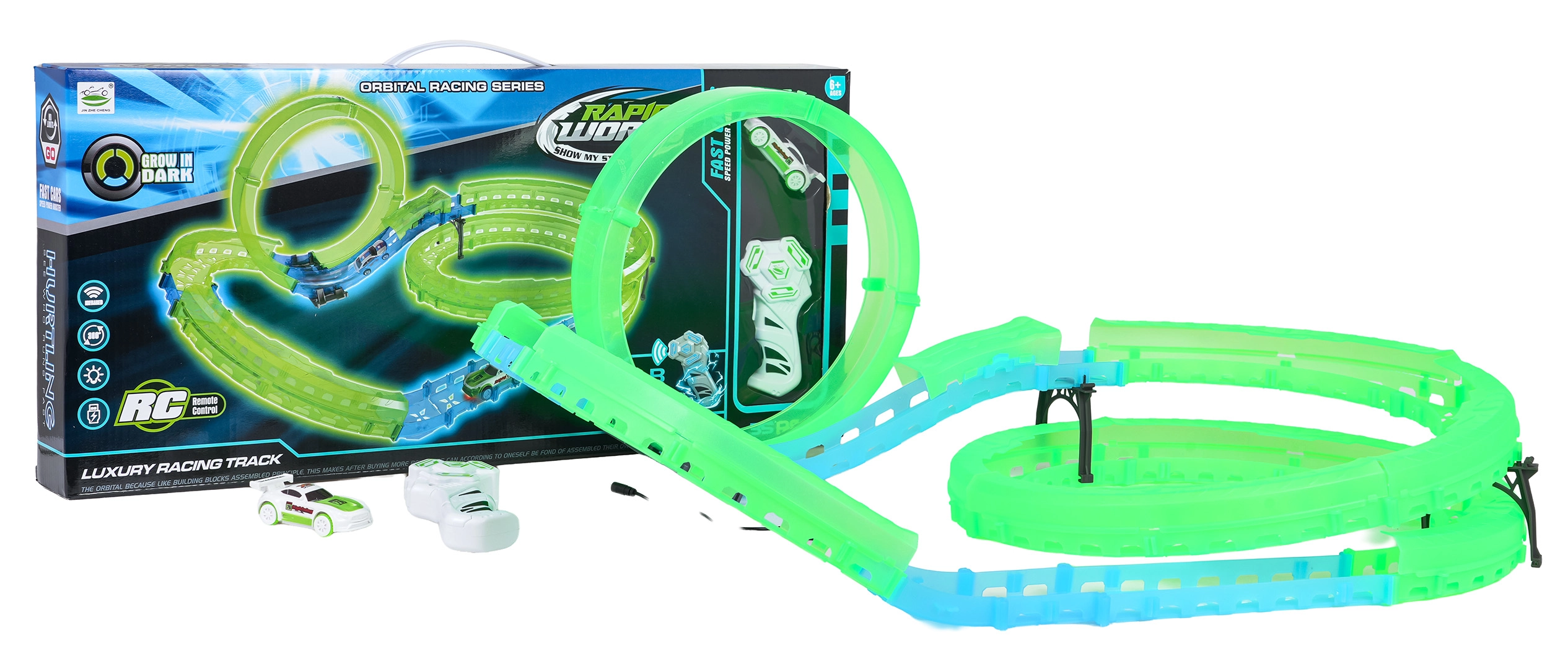 Svítící závodní dráha s RC autíčkem, 35 dílů
