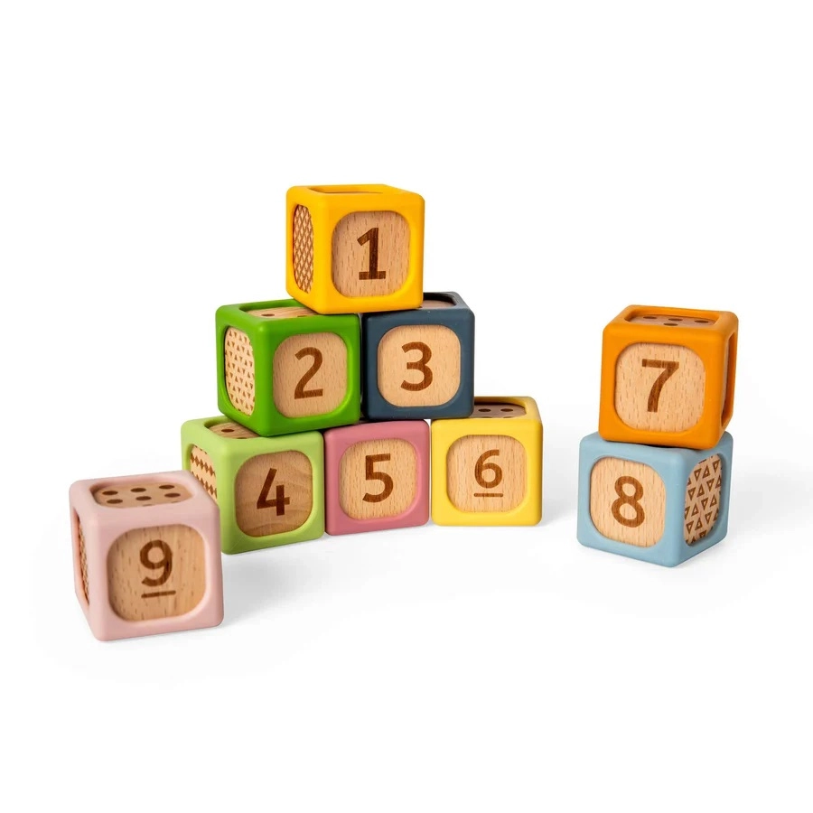 Levně Bigjigs Toys třídicí kostky ze dřeva a silikonu (9 ks)