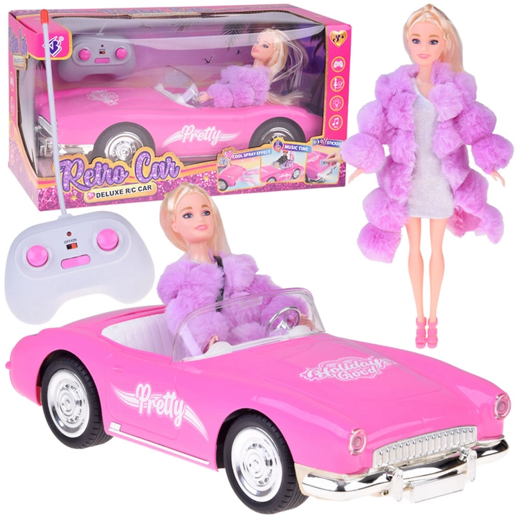 Růžové retro kabrio na dálkové ovládání s elegantní panenkou