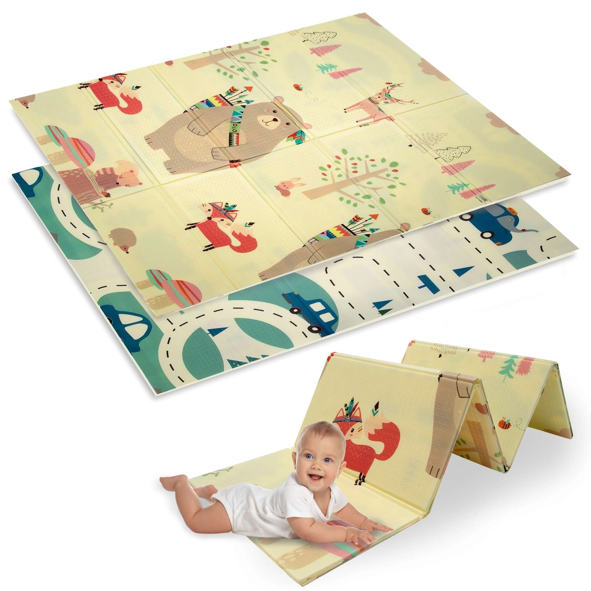 Dvouvrstvá skládací pěnová podložka XPE 120 × 180 cm s motivem zvířátek a silnic HUMBI