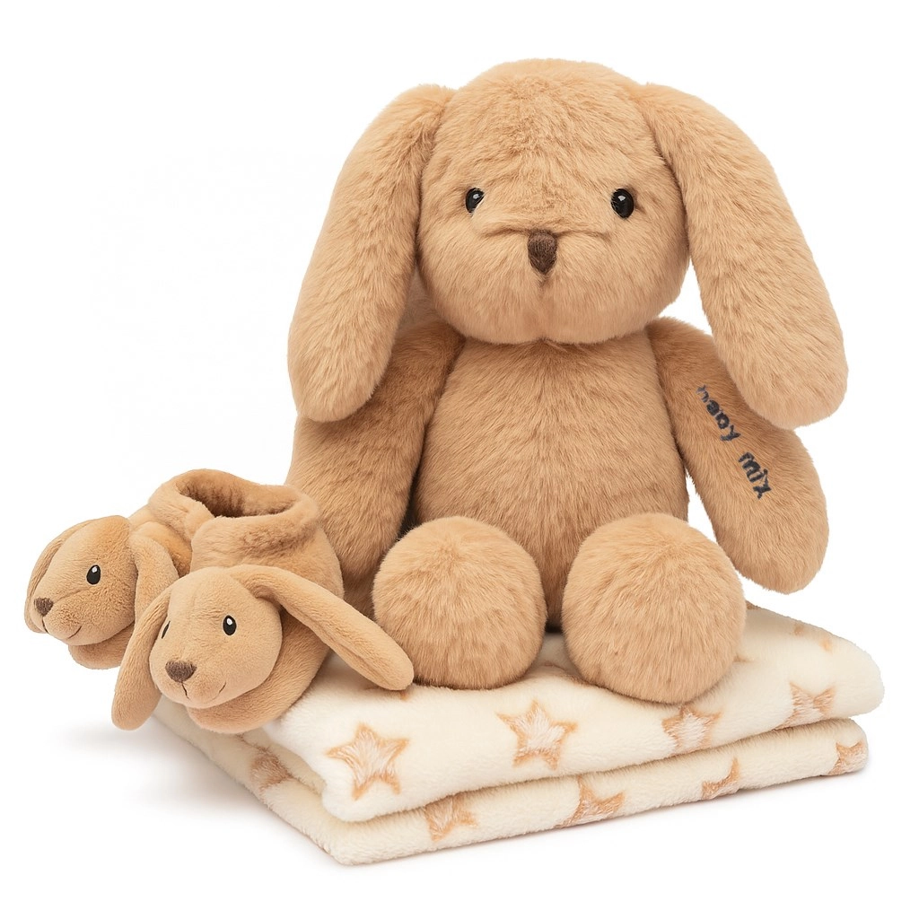 Dárková sada BABY MIX – hnědý zajíček s capáčky a dečkou pro miminko