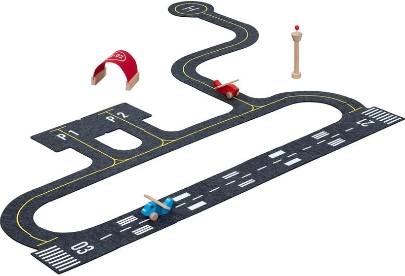 Puzzle podlahové - Letištní plocha z filce + 4 dřevěné hračky (Goki)