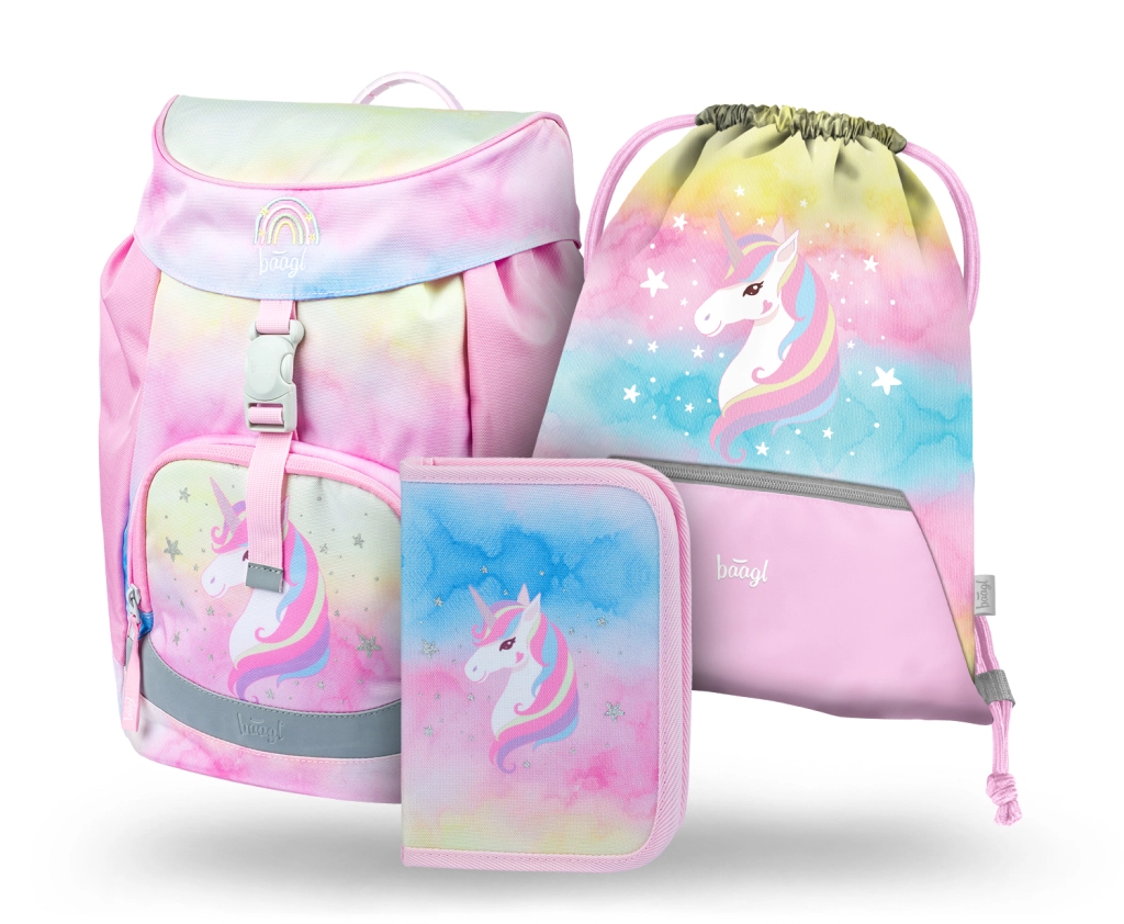 Levně Školní set BAAGL Airy Rainbow Unicorn – batoh, penál a sáček