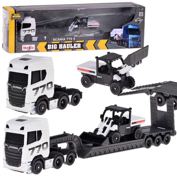 Maisto kovový set SCANIA 770S s nízkoložným návěsem a nakladačem 1:64