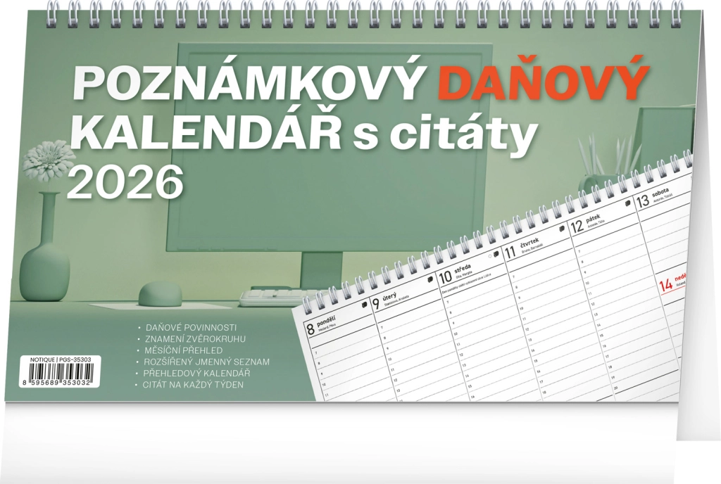 Poznámkový daňový s citáty 2026 - stolní pracovní kalendář