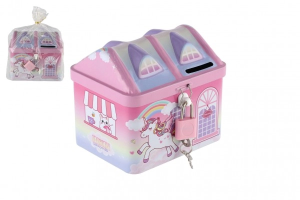 Teddies Pokladnička domeček jednorožec plechová se zámkem 11x9cm růžová