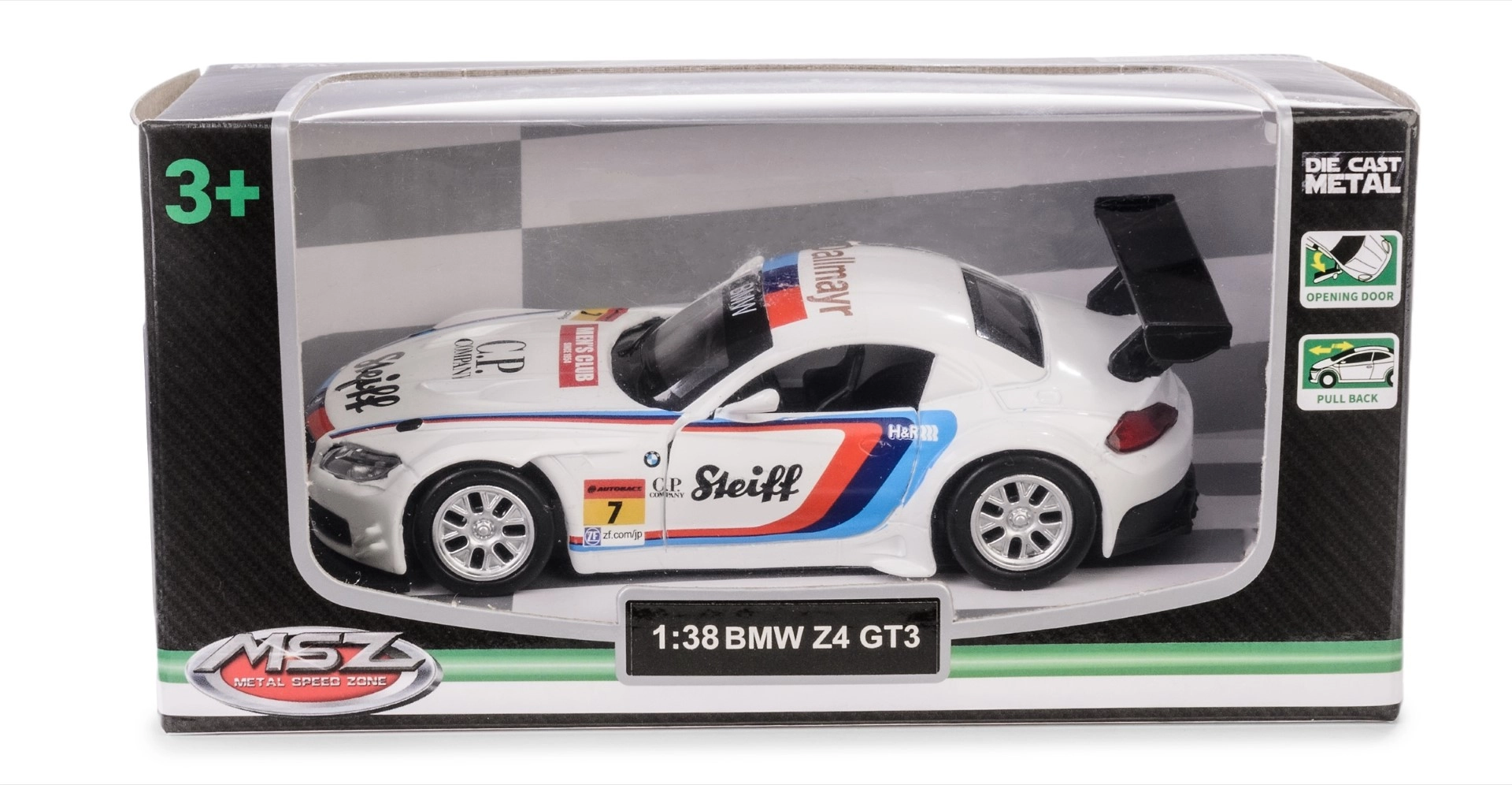 kovový model auta bmw z4 gt3 1:38 s pull-back pohonem