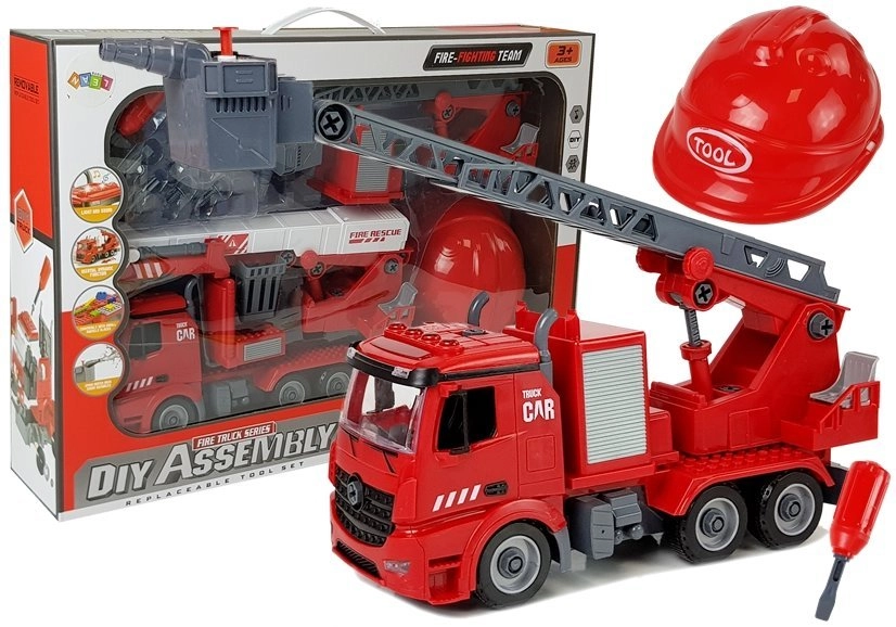 Lean Toys Sada DIY Firetruck 2v1 Kit Odnímatelné zvedáky Šroubovák Zvukové Světelné efekty Helma