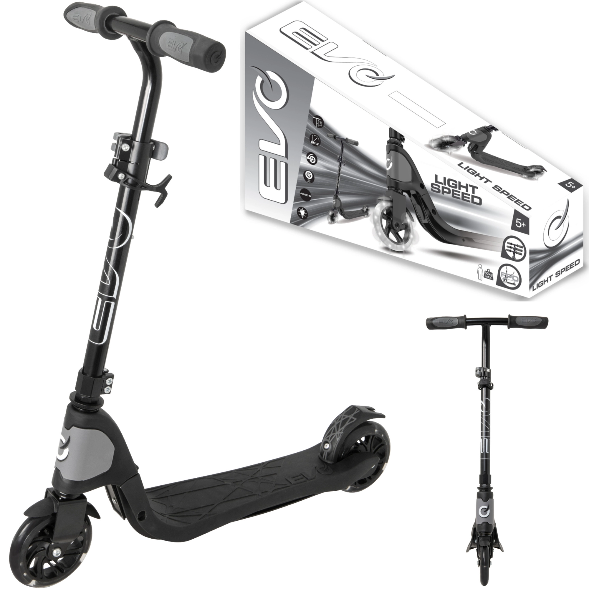 Evo Light Speed dětská skládací koloběžka s LED kolečky – černá