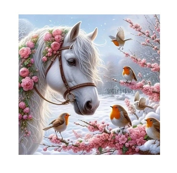 Diamentová mozaika - Kůň v zimě s červenakem